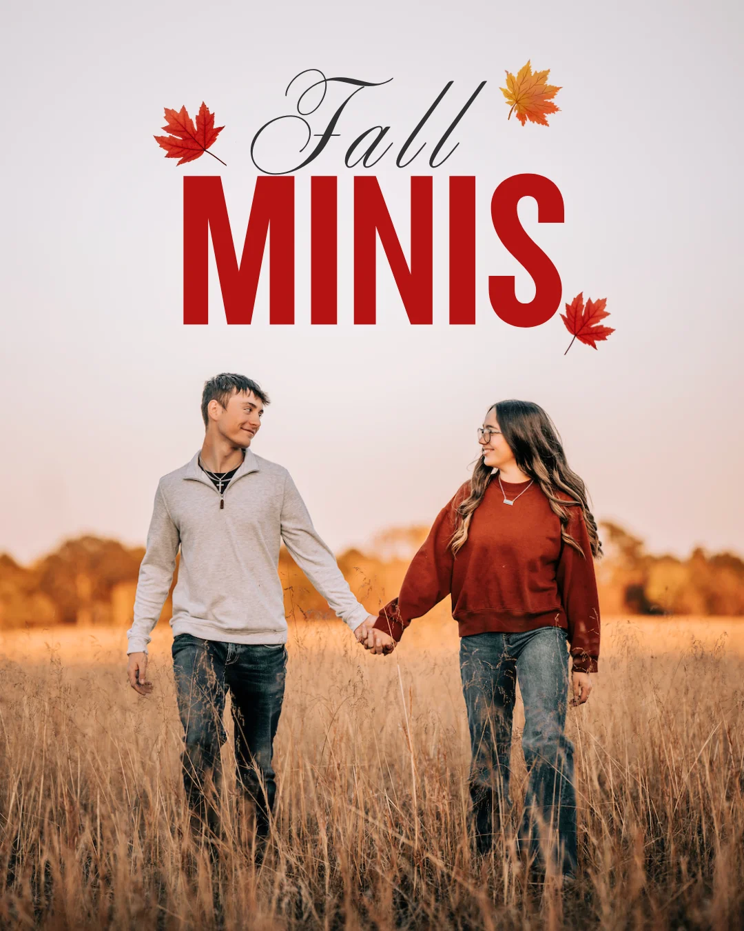 Fall mini sessions couple walking golden field Oklahoma City