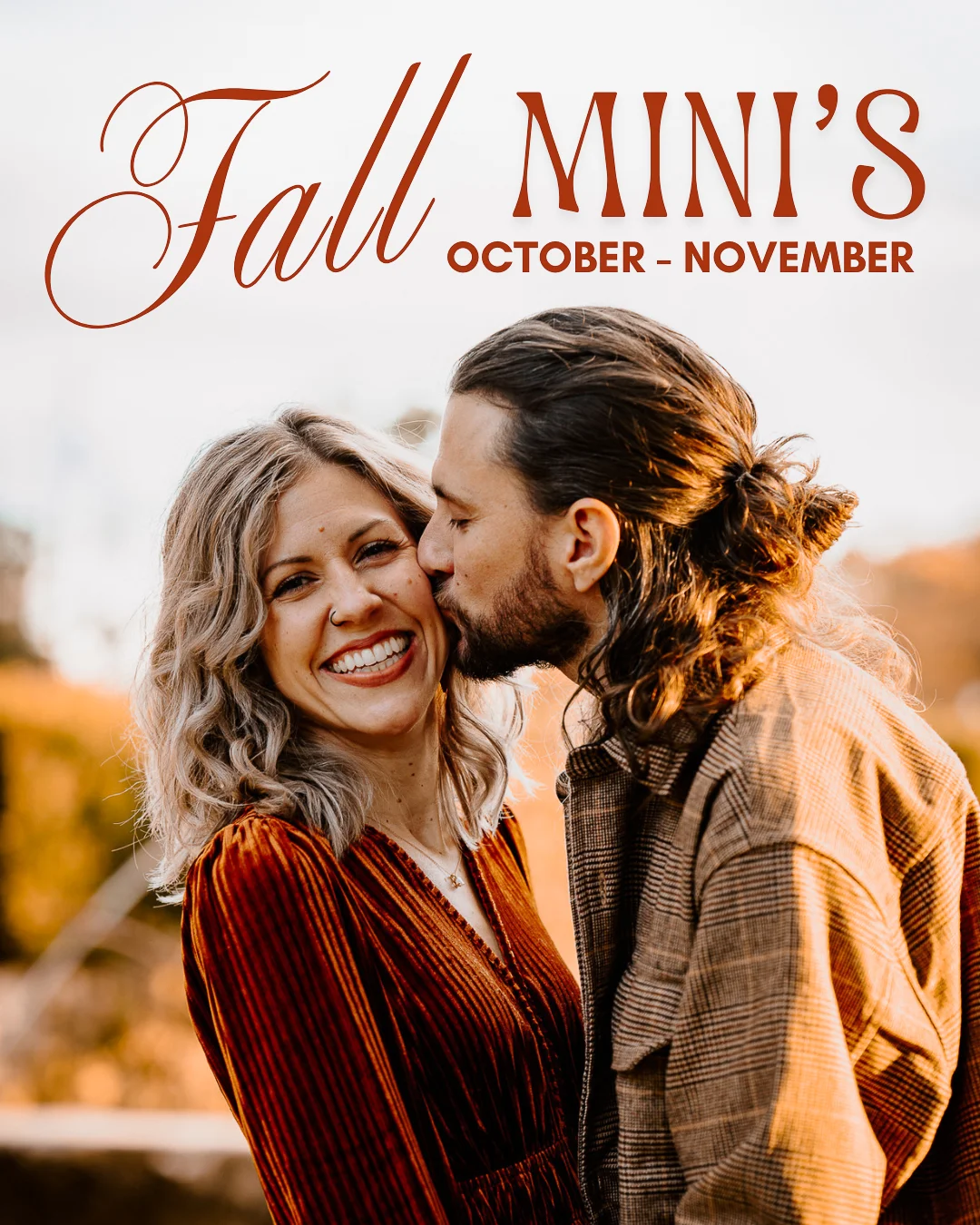 Fall mini sessions couple kissing autumn colors Oklahoma City