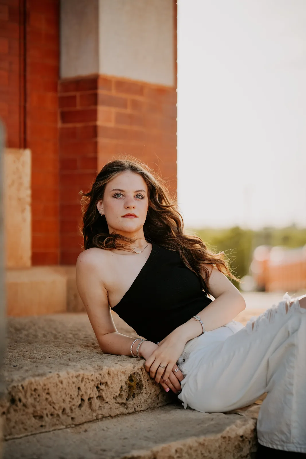 Senior girl white dress graduation cap Philbrook Tulsa