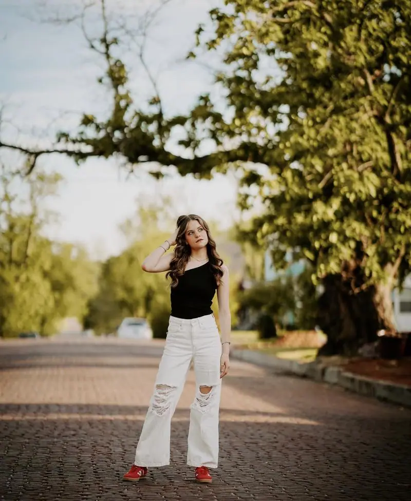 Senior portrait brick street golden hour Tulsa Oklahoma photography